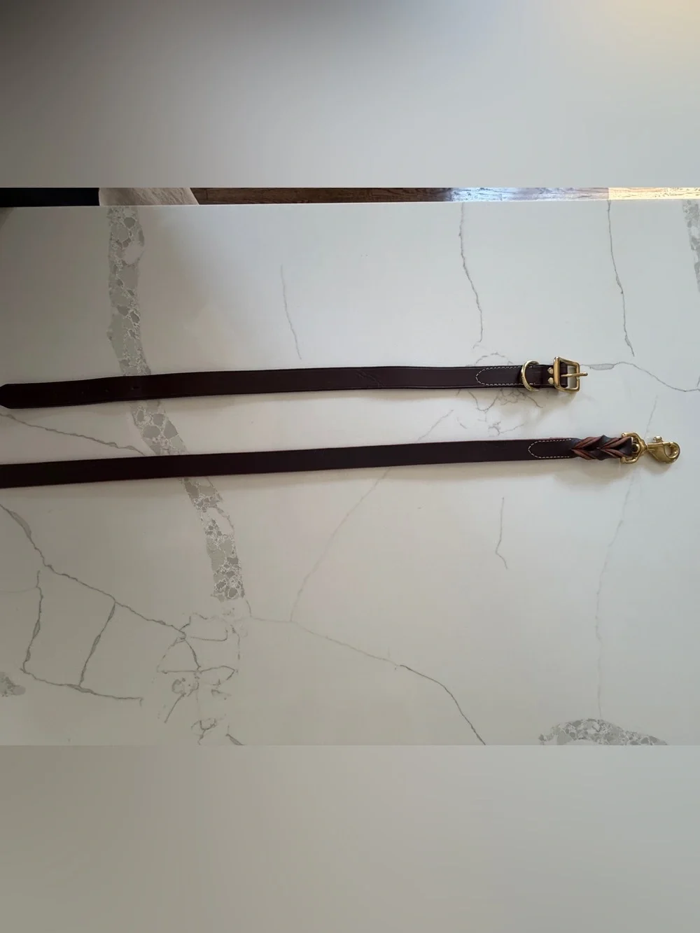 Circle T Brown Leather Dog Leash and Collar Set with Gold Hardware